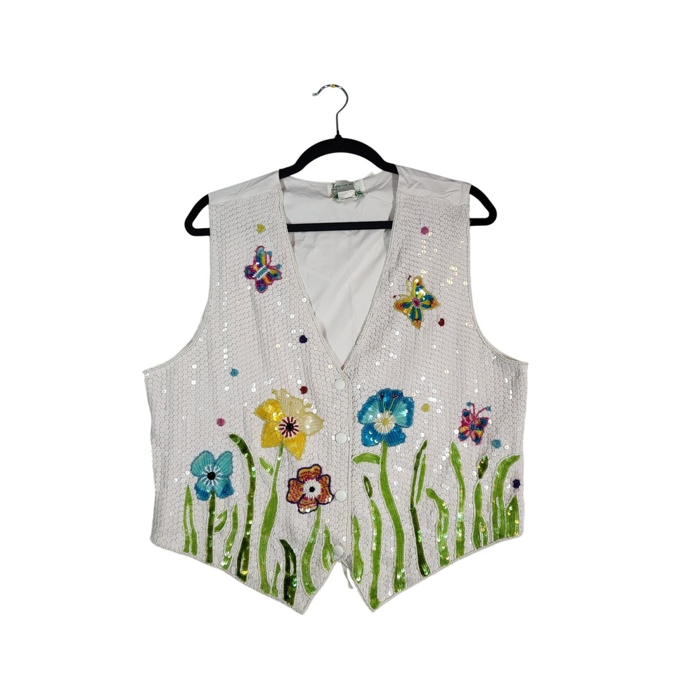 VTG Quacker Factory Sequin Beaded Floral Butterfly Garden Vest White L 14/16 NEW